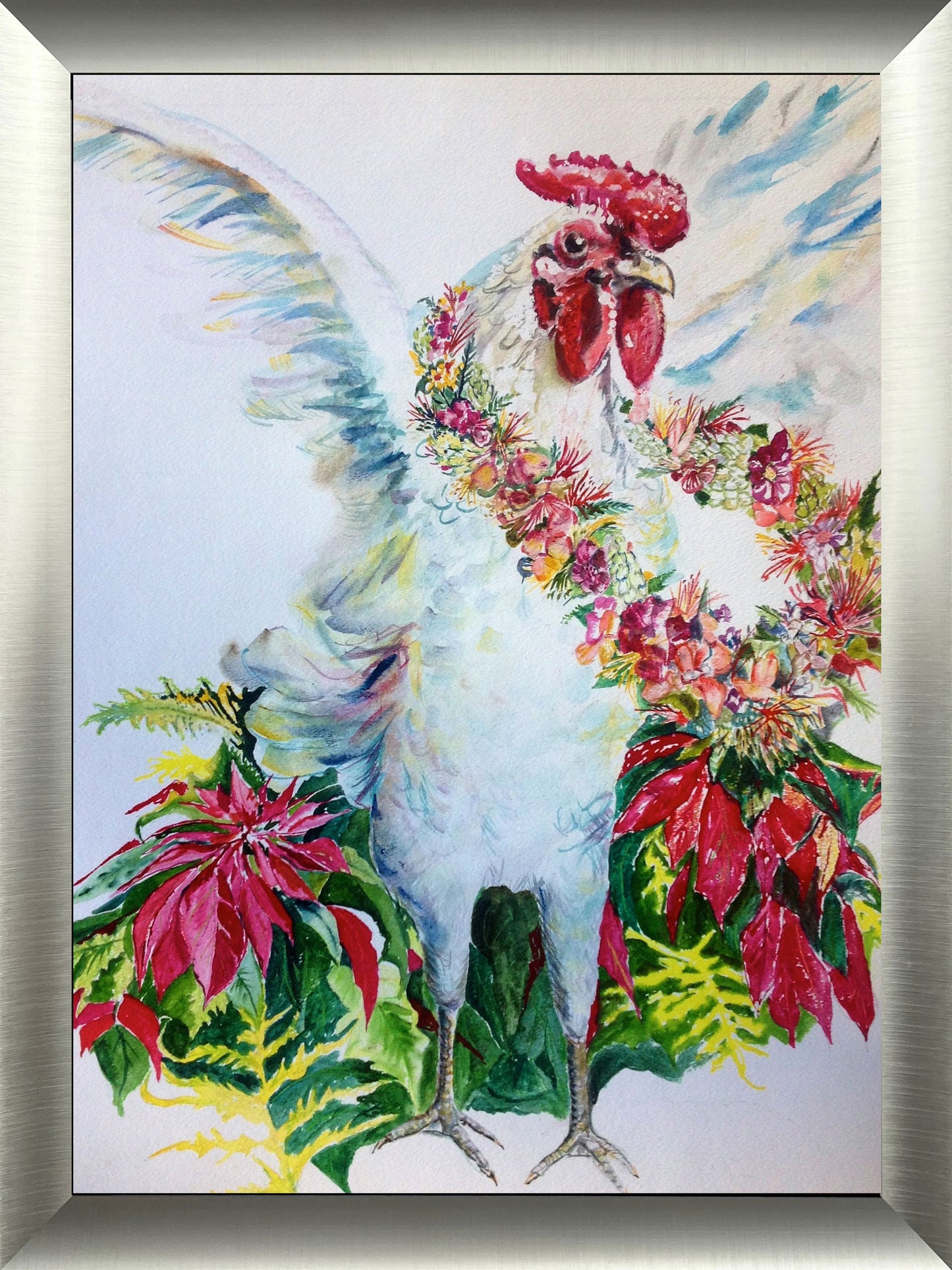 Rooster in Christmas Lei PRINT Framed on Watercolor Paper
